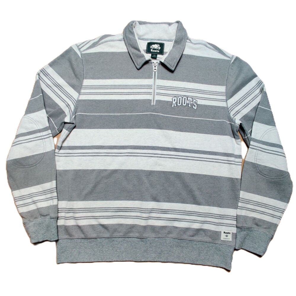 Roots Quarter Zip Sweatshirt Mens Large Gray Striped Pullover Elbow Patches